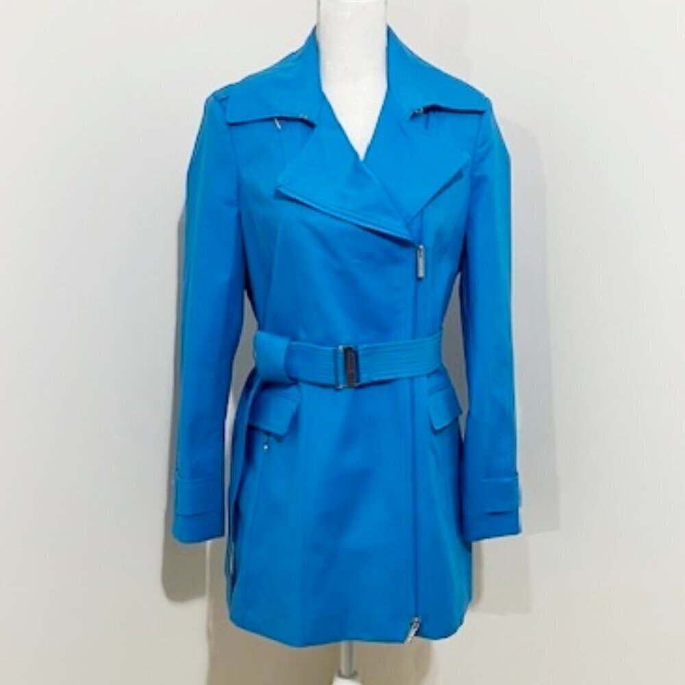 Calvin Klein Blue Zipper Jacket Trench Coat Belted Lined Women's Size S